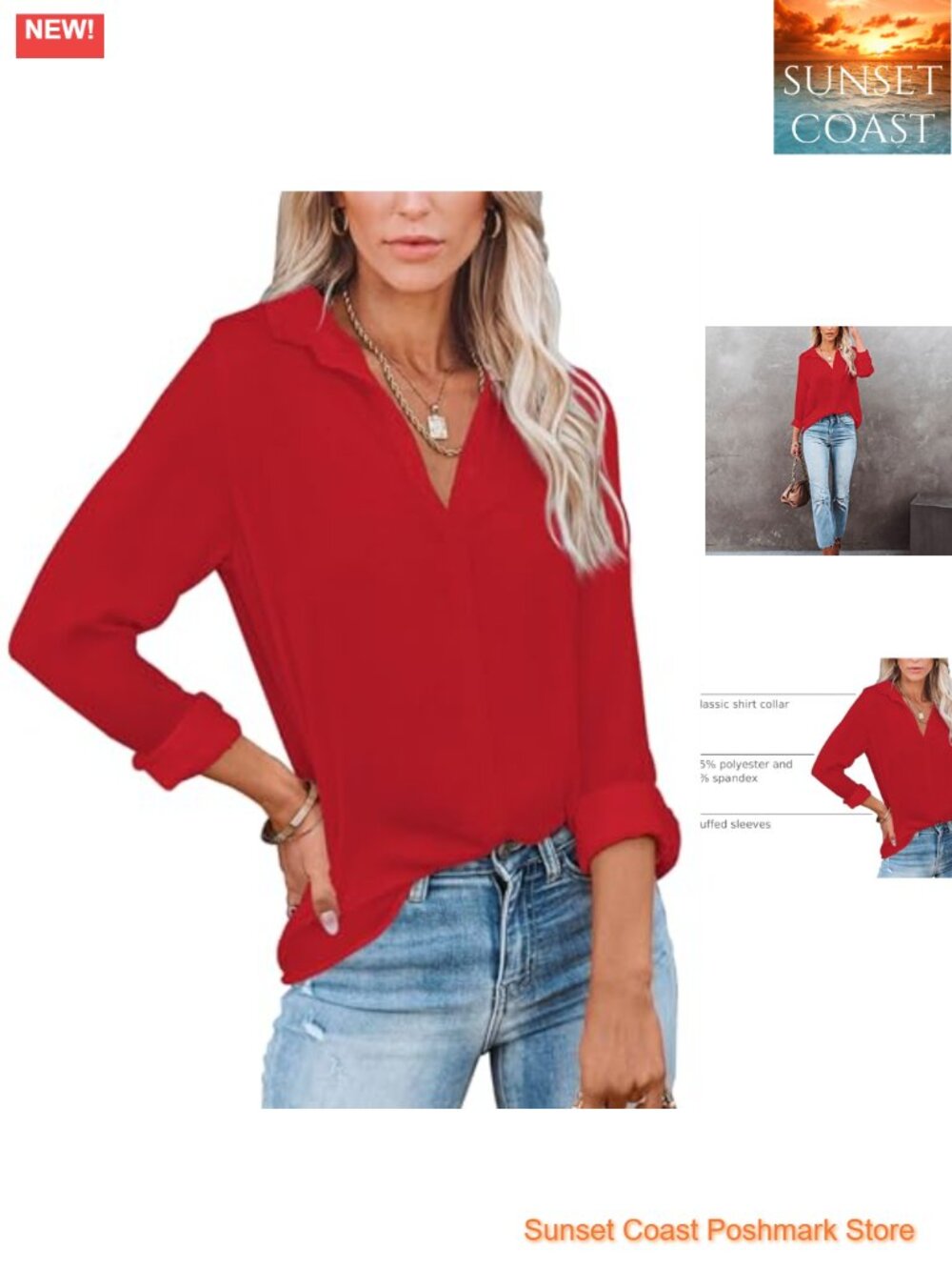 Womens Button Down V Neck Blouse Long Sleeve Office Casual Shirt